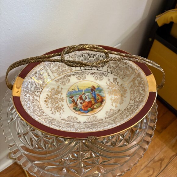Vintage Porcelain Candy Dish w/ Gold Filigree Frame & Tribal Motif – 10.5” - Picture 8 of 9